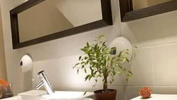 A bathroom with two sinks, a mirror, and a potted plant.
