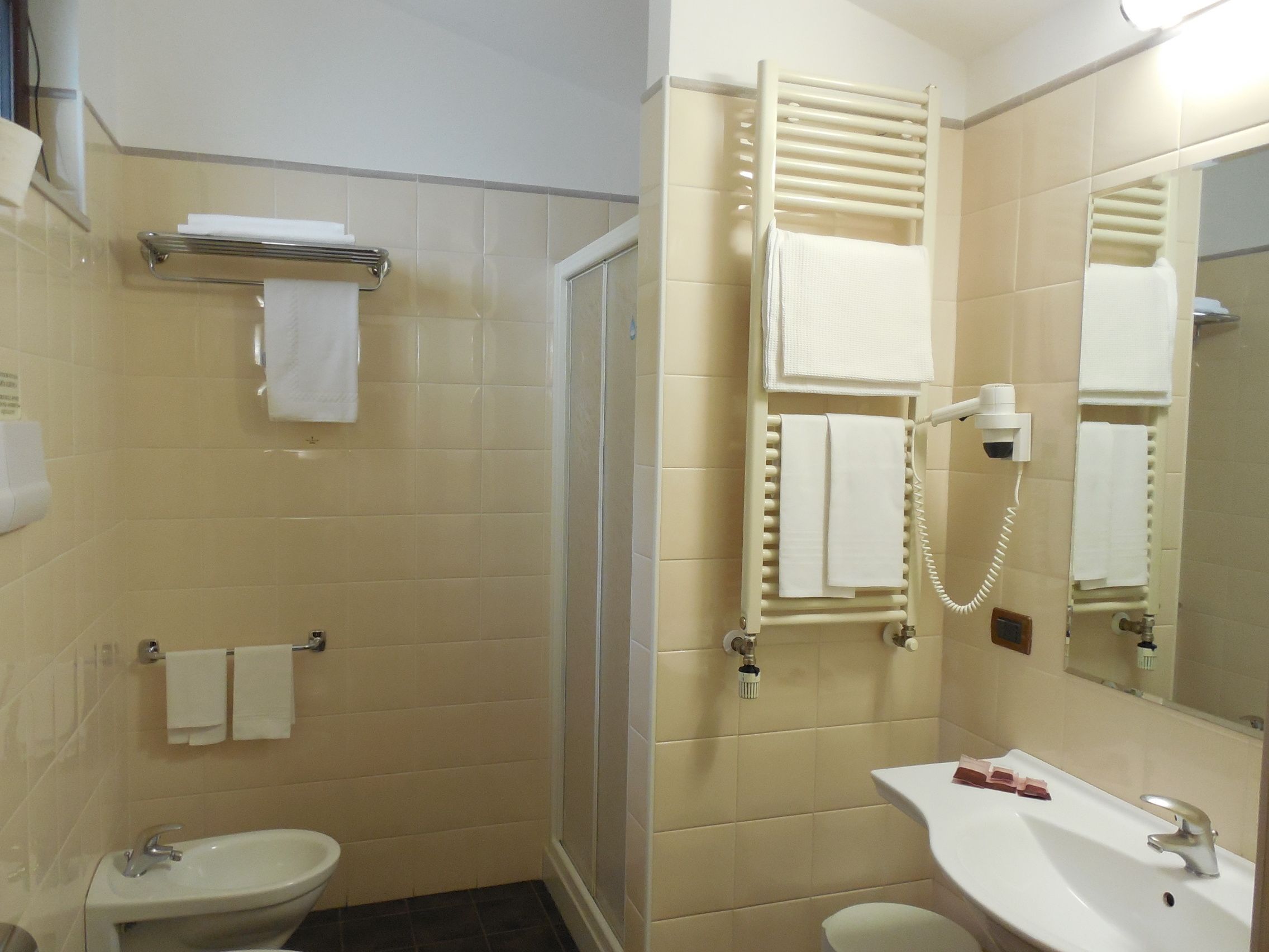 superior double room | bathroom | shower, hair dryer, bidet
