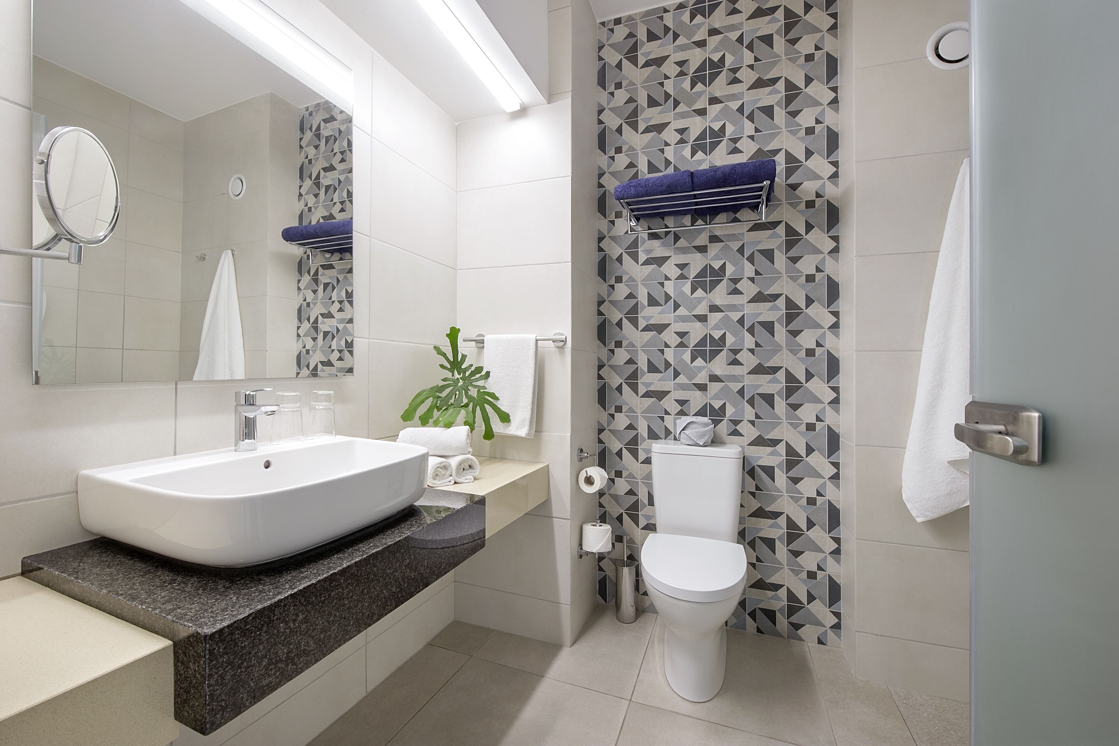Een moderne badkamer met een grote witte wasbak, een spiegel, een toilet en een douche.