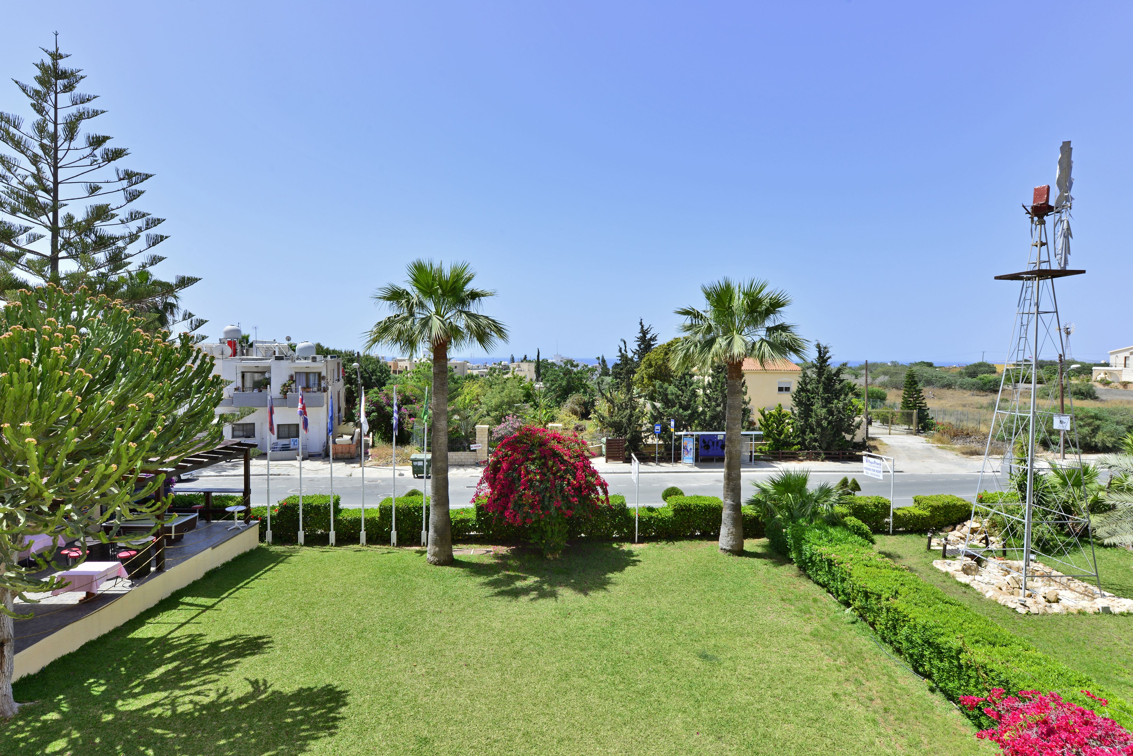 A well-maintained garden with palm trees, a red flowering bush, and a clear view of the street and buildings in the background.
