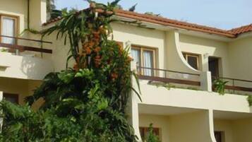 Un immeuble à plusieurs étages doté de balcons, entouré d’une végétation luxuriante et de plantes.