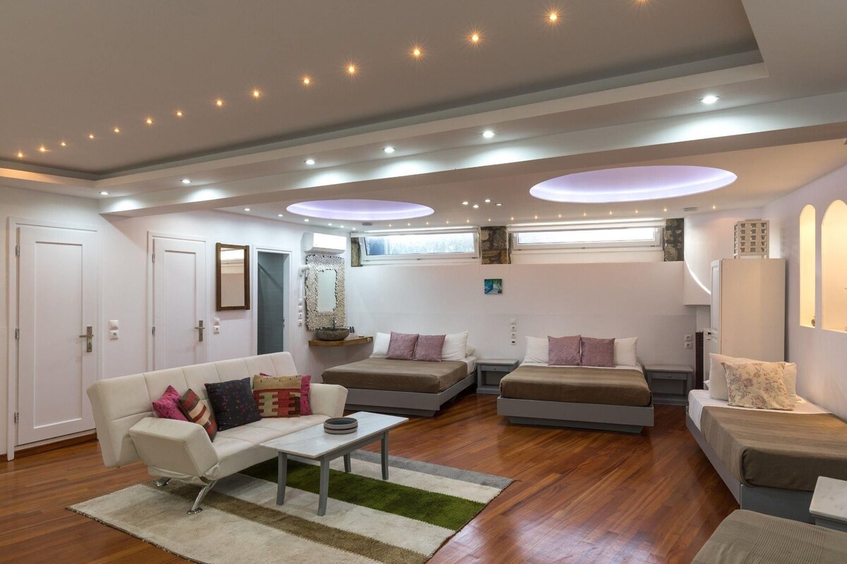 A modern living room with a sofa, two beds, a coffee table, and a rug.