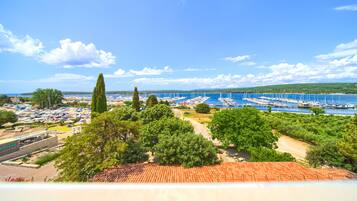 A coastal marina with boats docked, surrounded by greenery and a clear sky.