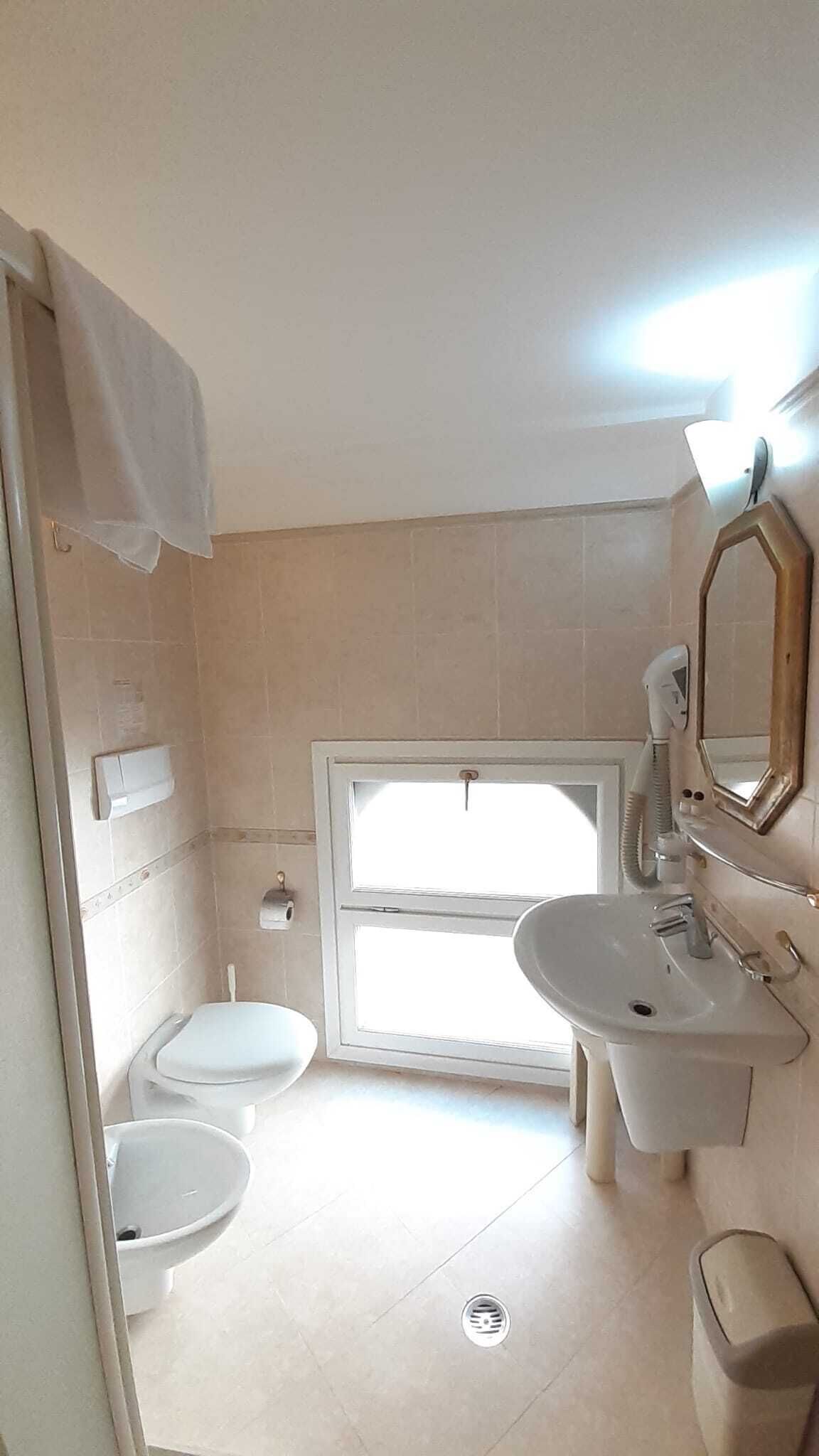 Une salle de bain équipée de toilettes, d’un bidet, d’un lavabo et d’un miroir.