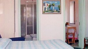 A bedroom with a bed, a shower, a toilet, and a small table with a chair. - Giardino dei Limoni (Ravello)