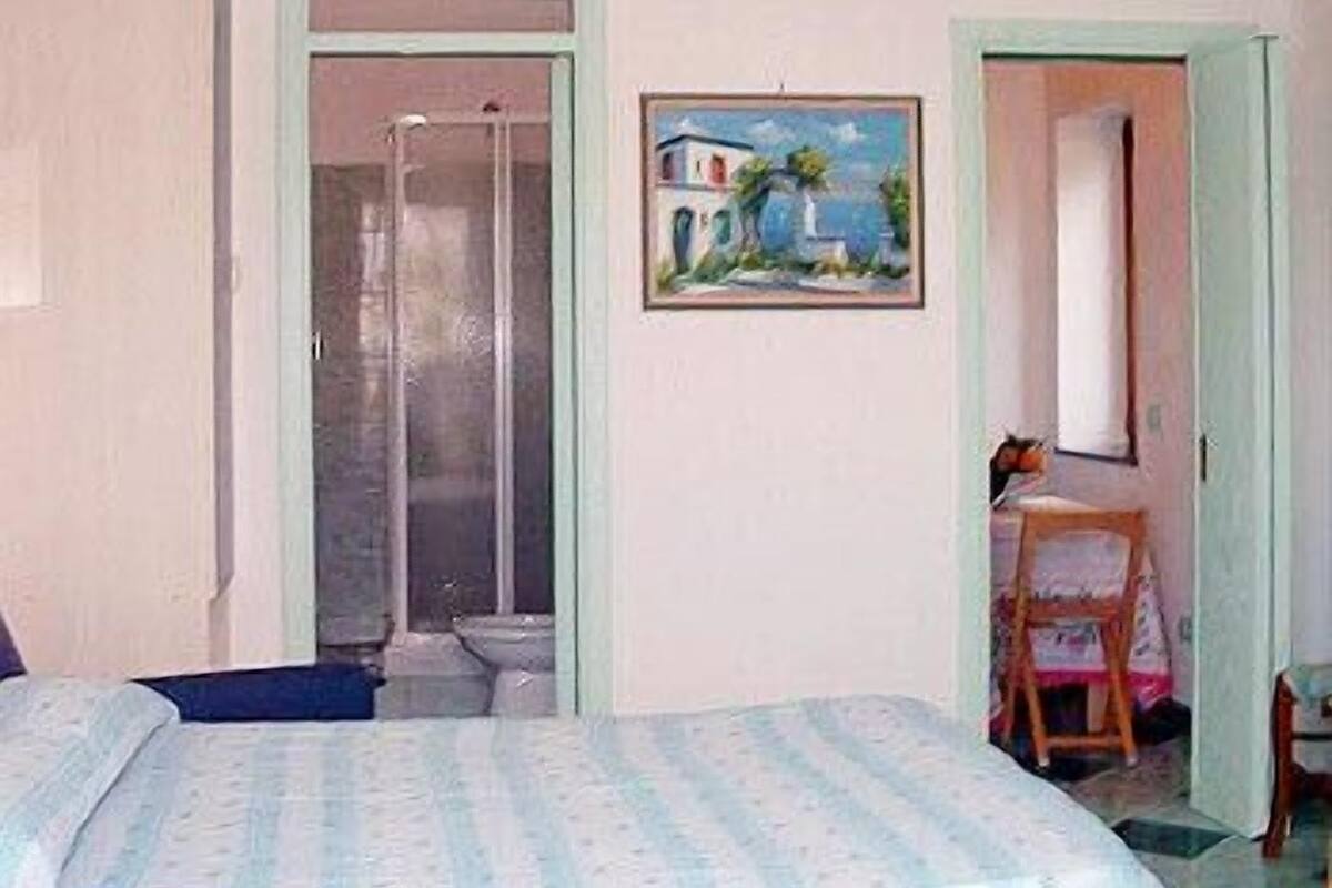 A bedroom with a bed, a shower, a toilet, and a small table with a chair.