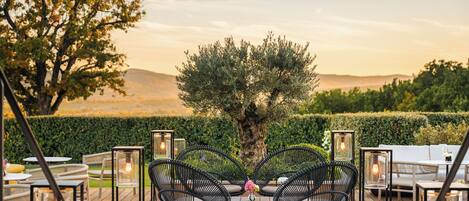 Un área de estar al aire libre con sillas y mesas de mimbre, rodeada por un seto y un árbol, con vista al paisaje.