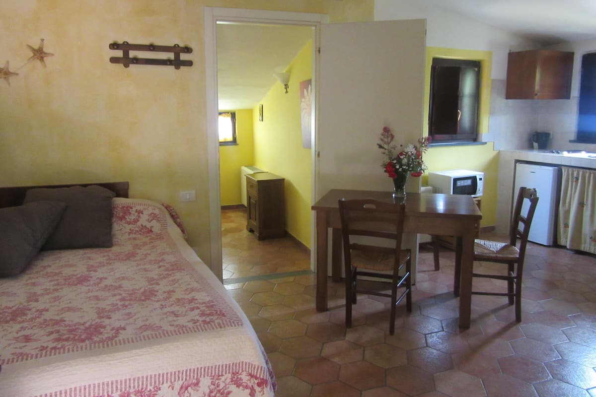 Une chambre avec un lit, une petite table avec des chaises et un coin cuisine équipé d’un four à micro-ondes et d’un réfrigérateur.