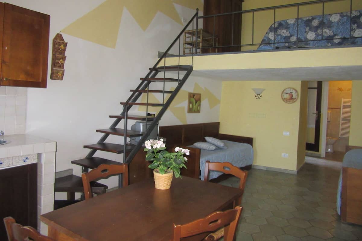Un espace repas comprenant une table en bois, des chaises, une plante en pot et un escalier menant à un niveau supérieur.