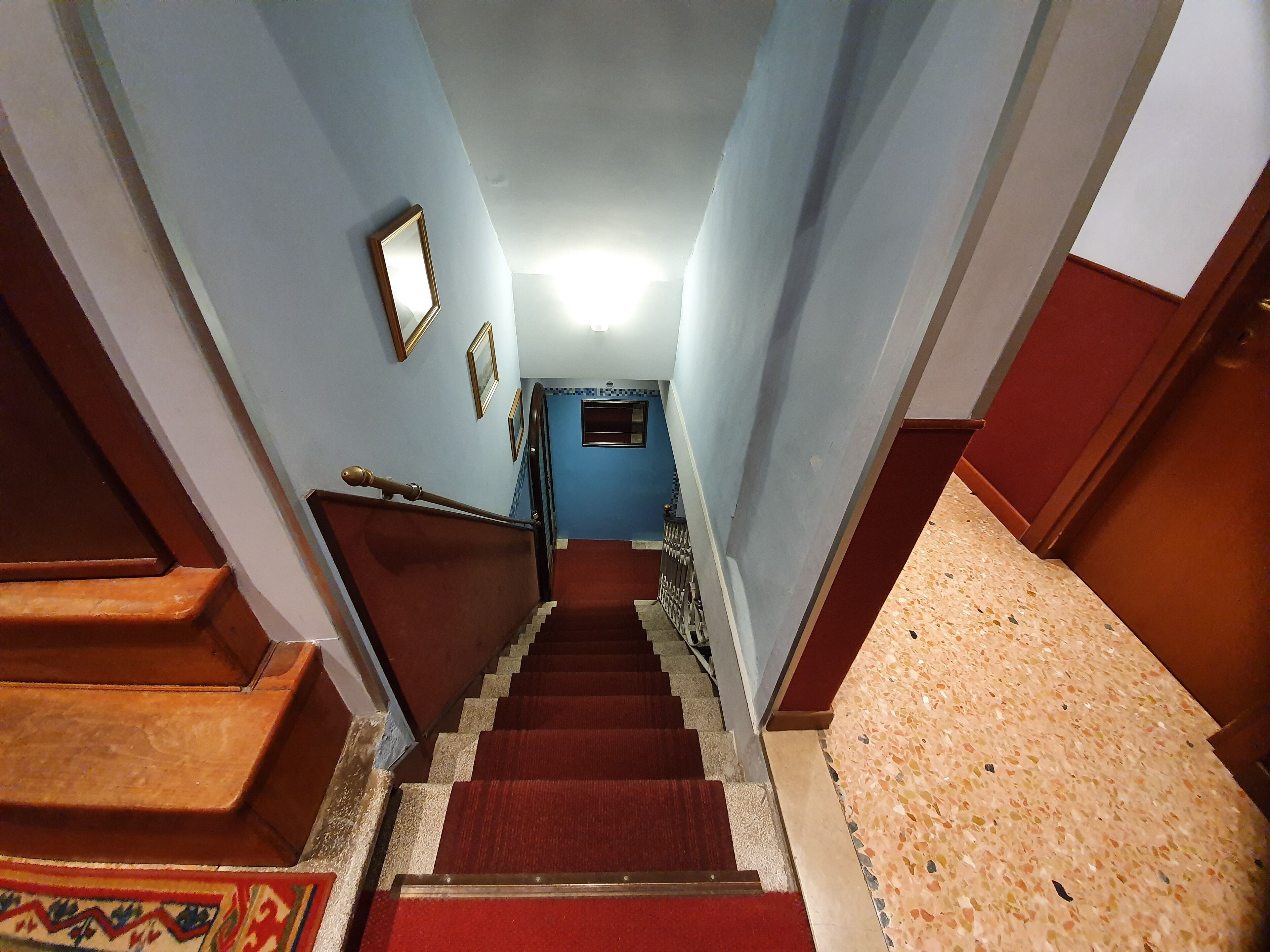 A staircase with a red carpet leading to a landing with a blue wall and framed pictures.