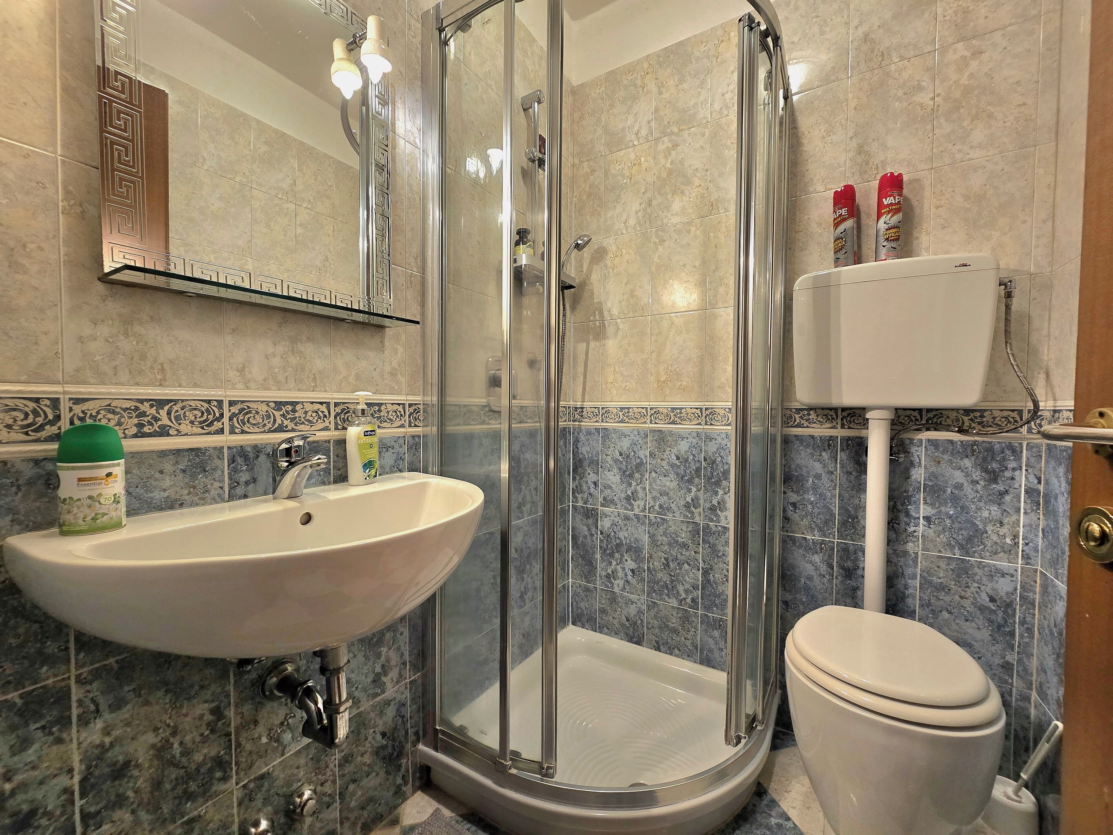 A bathroom with a glass-enclosed shower, a sink, and a toilet.