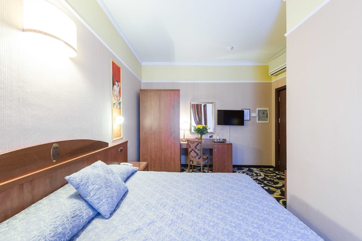 A hotel room with a bed, a desk, a chair, a television, and a wardrobe.