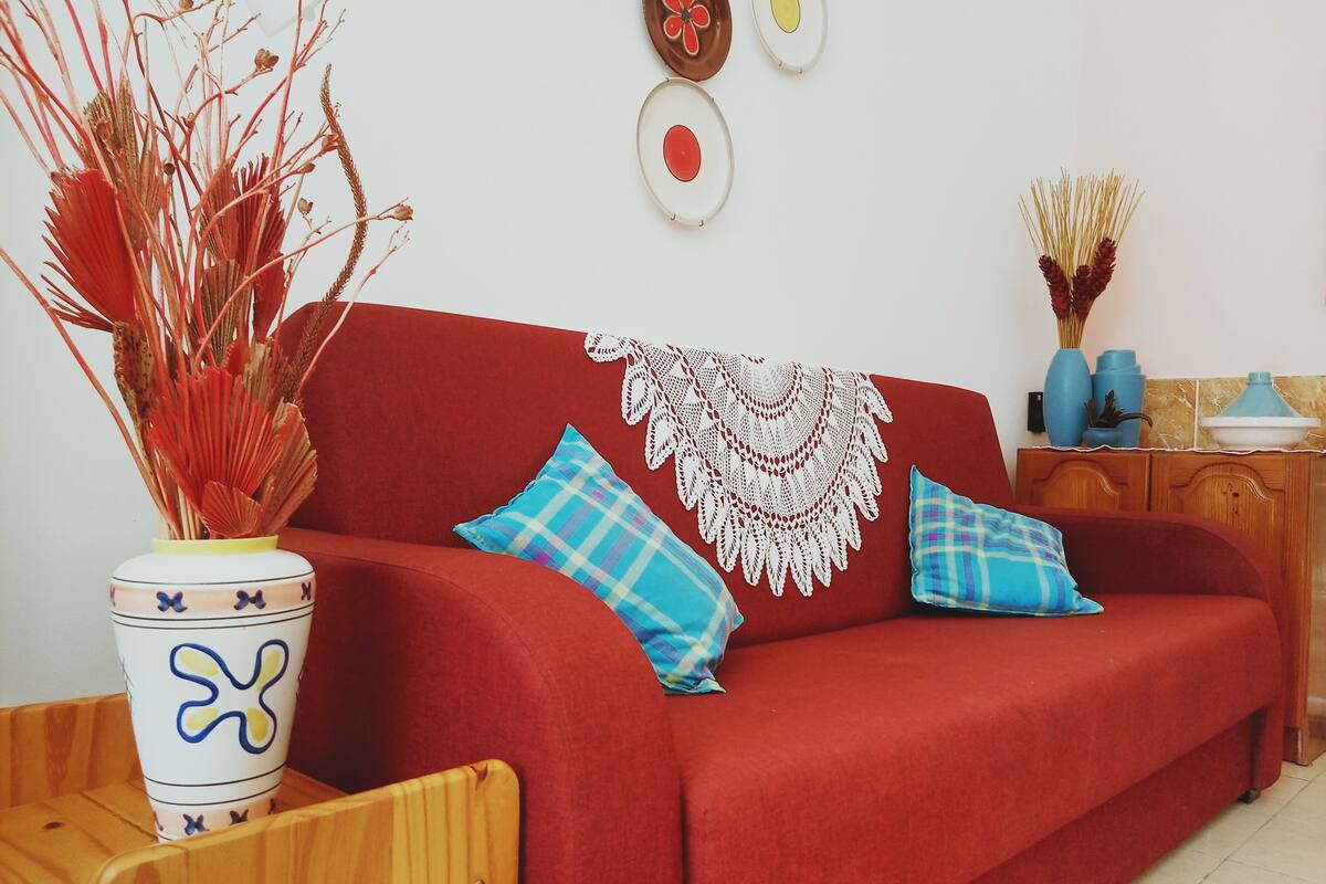 Un canapé rouge agrémenté de deux coussins à carreaux bleus, d’un plaid blanc en crochet et d’un vase contenant des plantes séchées.