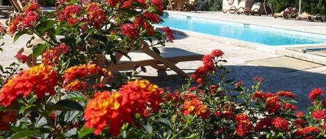 Un área de piscina con sillones de descanso y una sombrilla de paja.