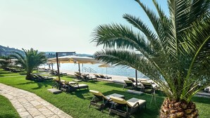 A poolside area with lounge chairs and umbrellas, a palm tree, and a view of the water.