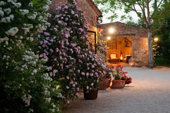 A rustic stone building with a cozy interior, surrounded by lush greenery and flowering plants.