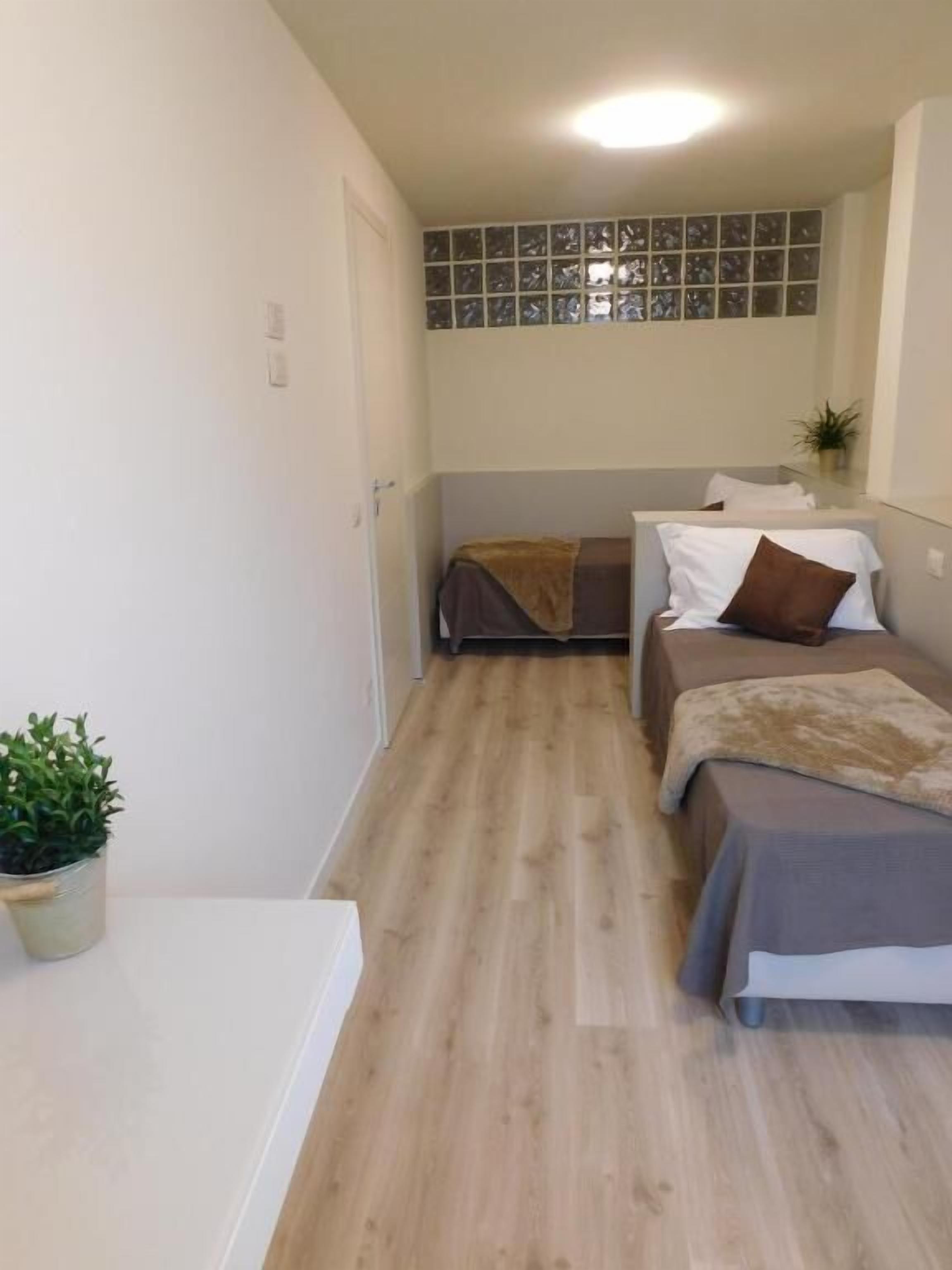 Een kleine kamer met twee bedden, een tafeltje en een plant in pot.