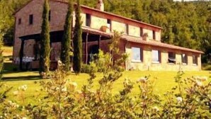 A two-story house with a sloped roof, surrounded by a grassy area and trees. - Podere Monti (Montepulciano)