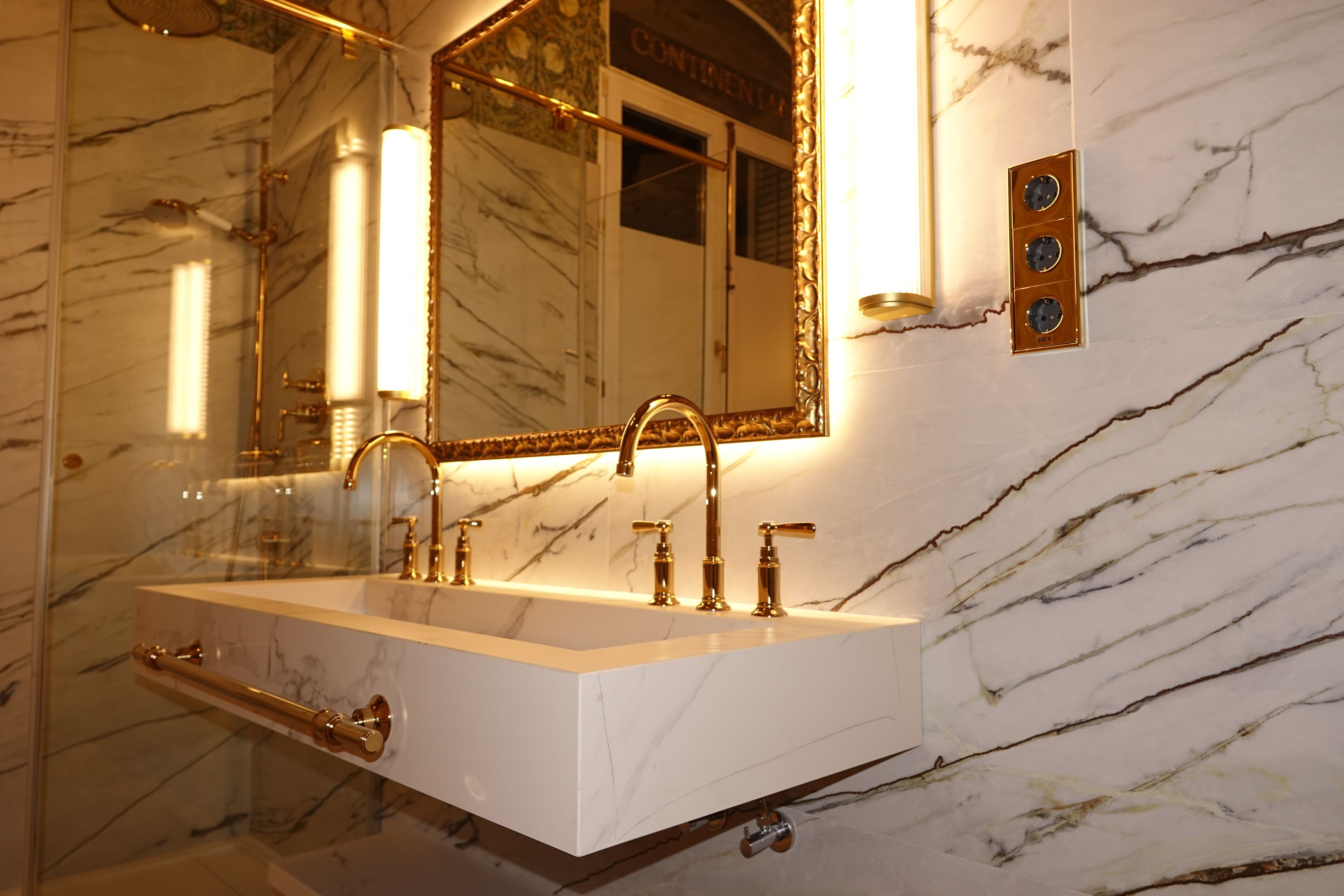 suite | bathroom | shower, rainfall showerhead, hair dryer, towels