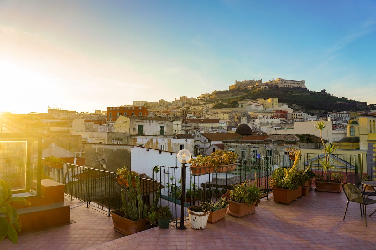 Une terrasse sur le toit, agrémentée de plantes en pot, d’où l’on peut admirer un château historique perché sur une colline.