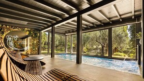 Un área de piscina interior moderna con bancos de madera, un jacuzzi y ventanas amplias con vistas a la vegetación circundante.