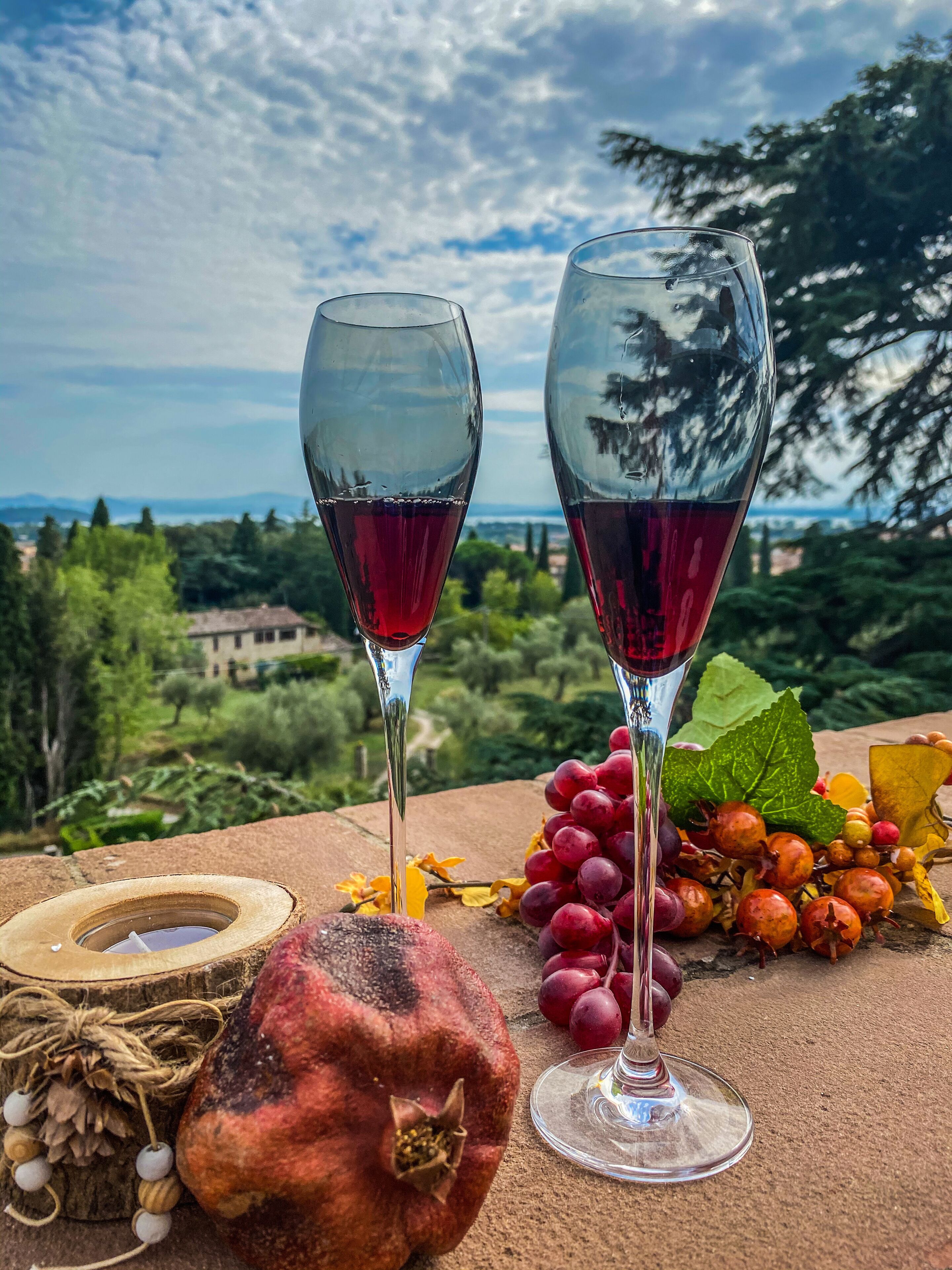 Dues copes de vi amb líquid vermell, un bol de fusta i una varietat de fruites damunt un taulell amb una vista panoràmica de fons.