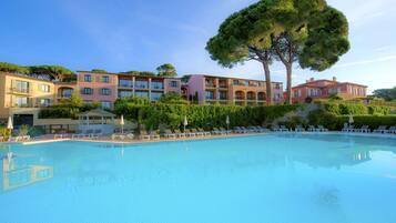 Indoor pool, outdoor pool, open 8:00 AM to 9:00 PM, pool umbrellas