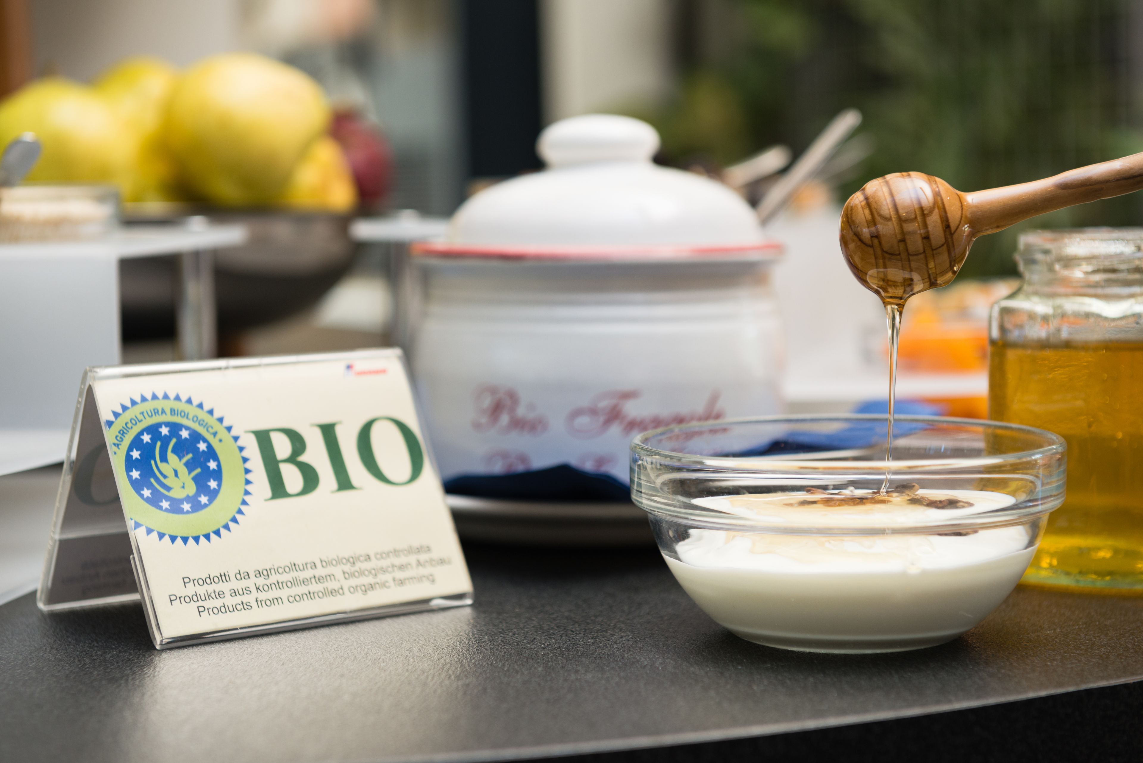 A table with a sign labeled "BIO," a bowl of yogurt, a honey dipper, and a jar of honey.