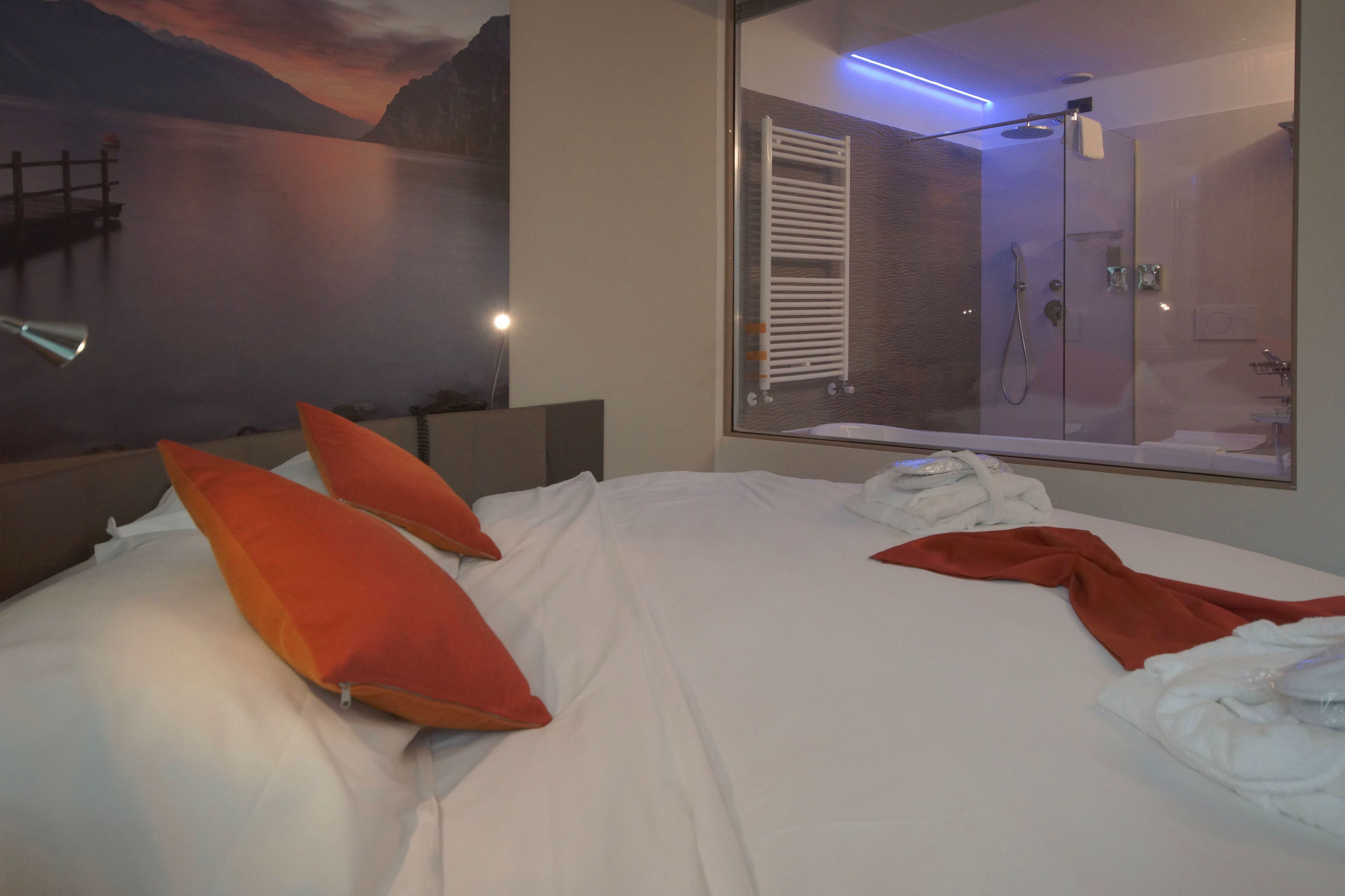 A hotel room with a large bed, a glass shower enclosure, and a view of a lake through the window.