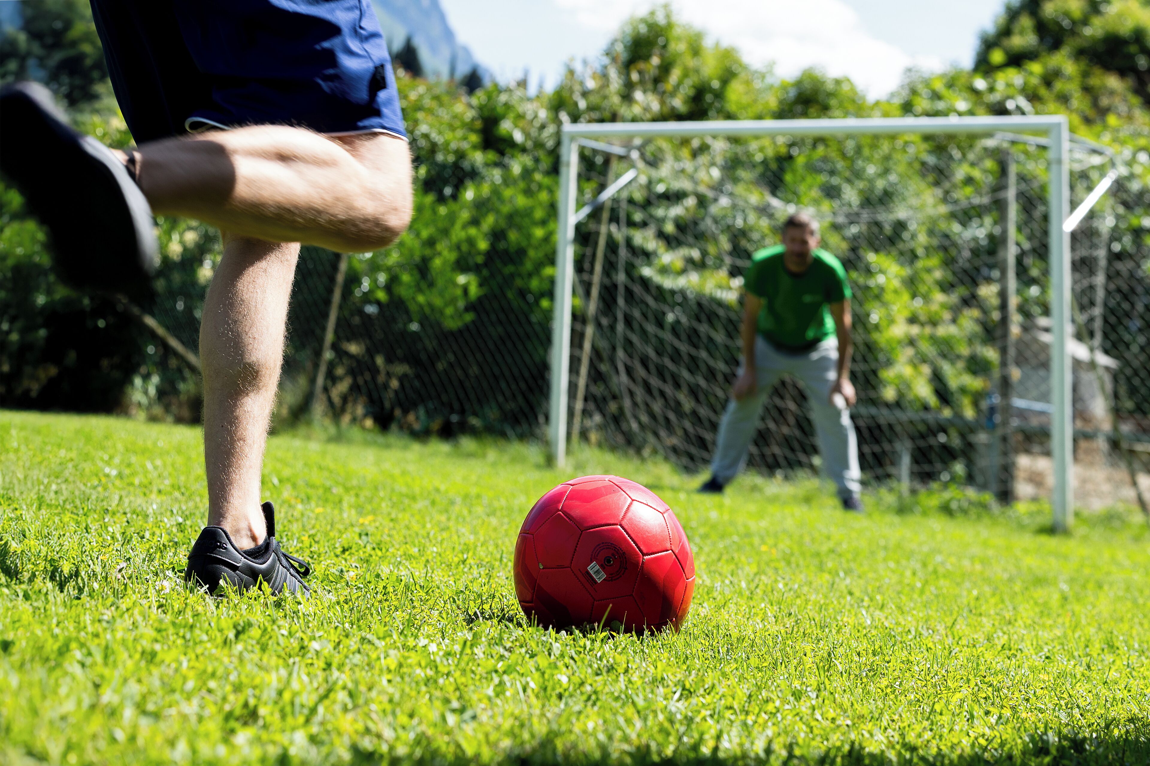 Ein Fußball auf einer grünen Wiese, im Hintergrund ein Tor.