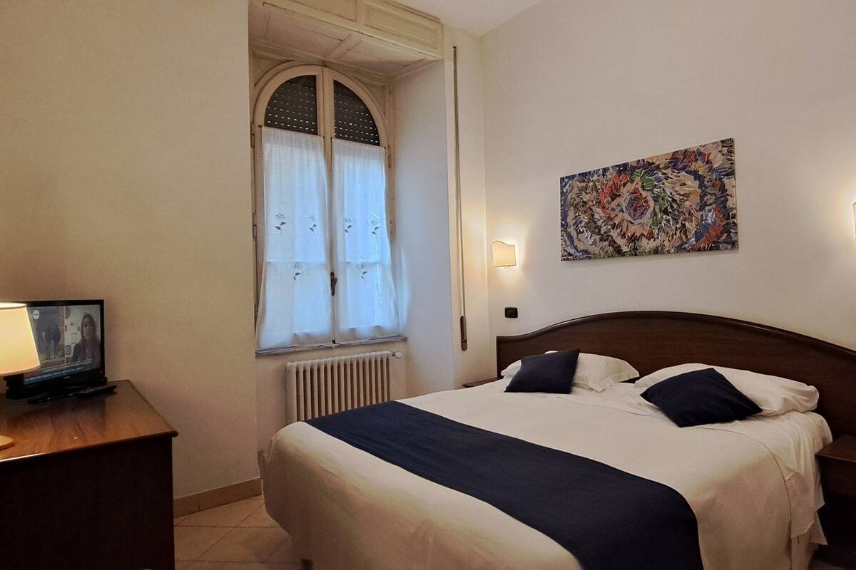 Habitación de hotel con cama, mesita de noche con lámpara, televisor, ventana con cortinas y un cuadro en la pared.
