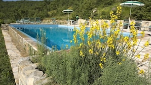Une piscine entourée de verdure et d’un mur de pierre, avec des chaises longues et des parasols.