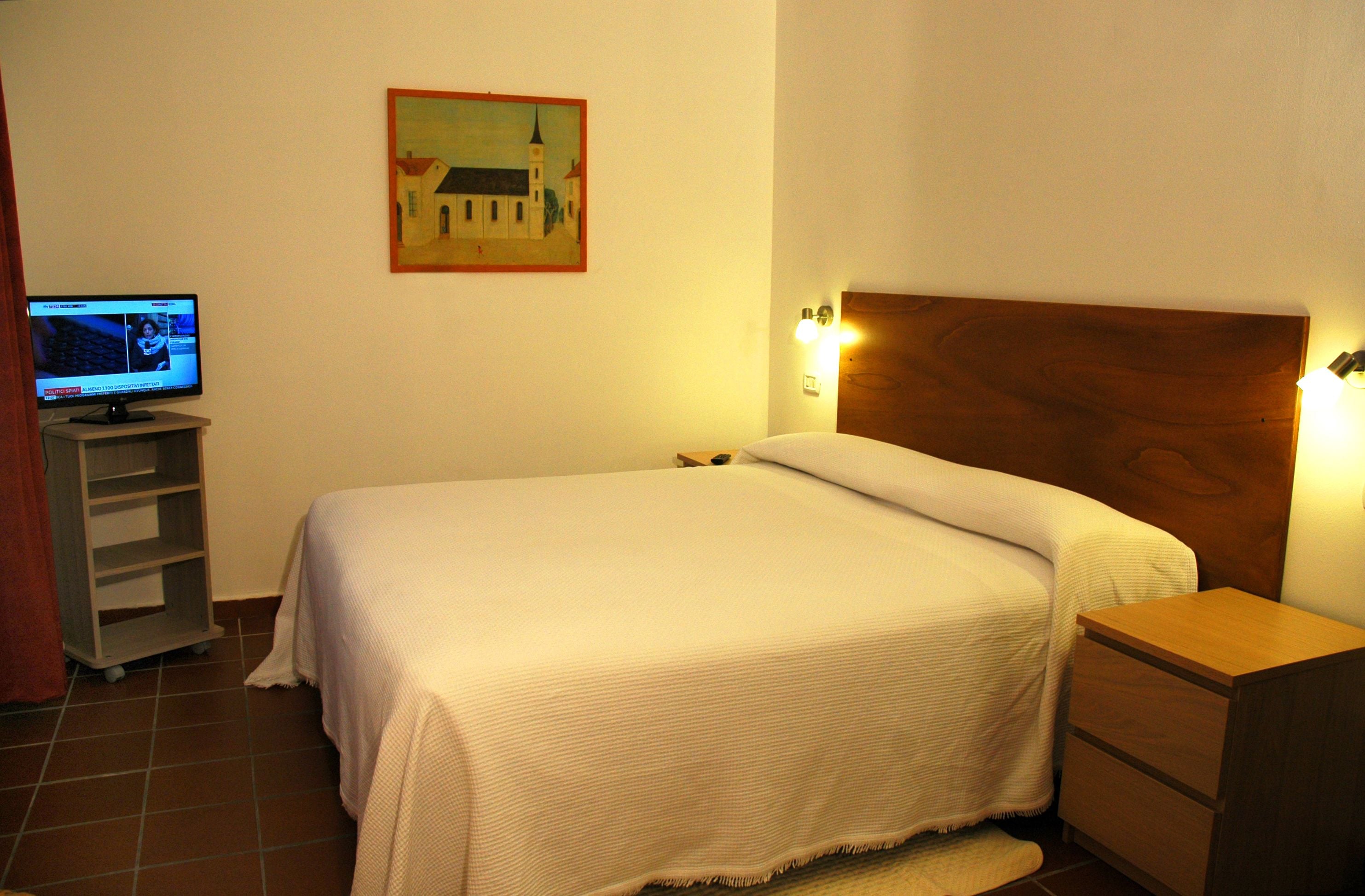 Une chambre à coucher comprenant un lit, une table de chevet, une tête de lit en bois, un téléviseur fixé au mur, une étagère et un tableau.