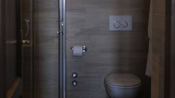 Un baño con cabina de ducha de vidrio, inodoro y bidé.