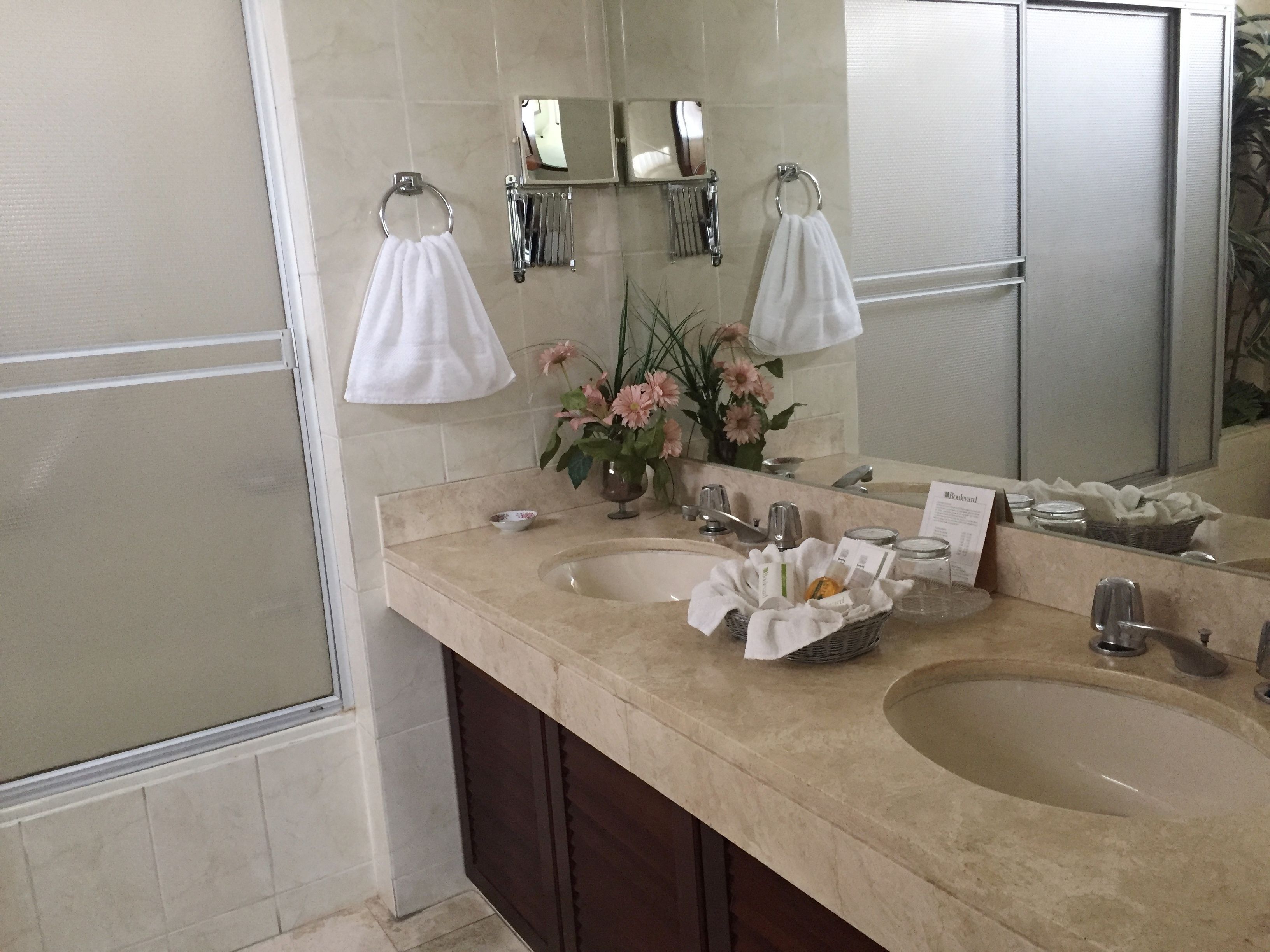 luxury suite | bathroom | shower, hair dryer, towels