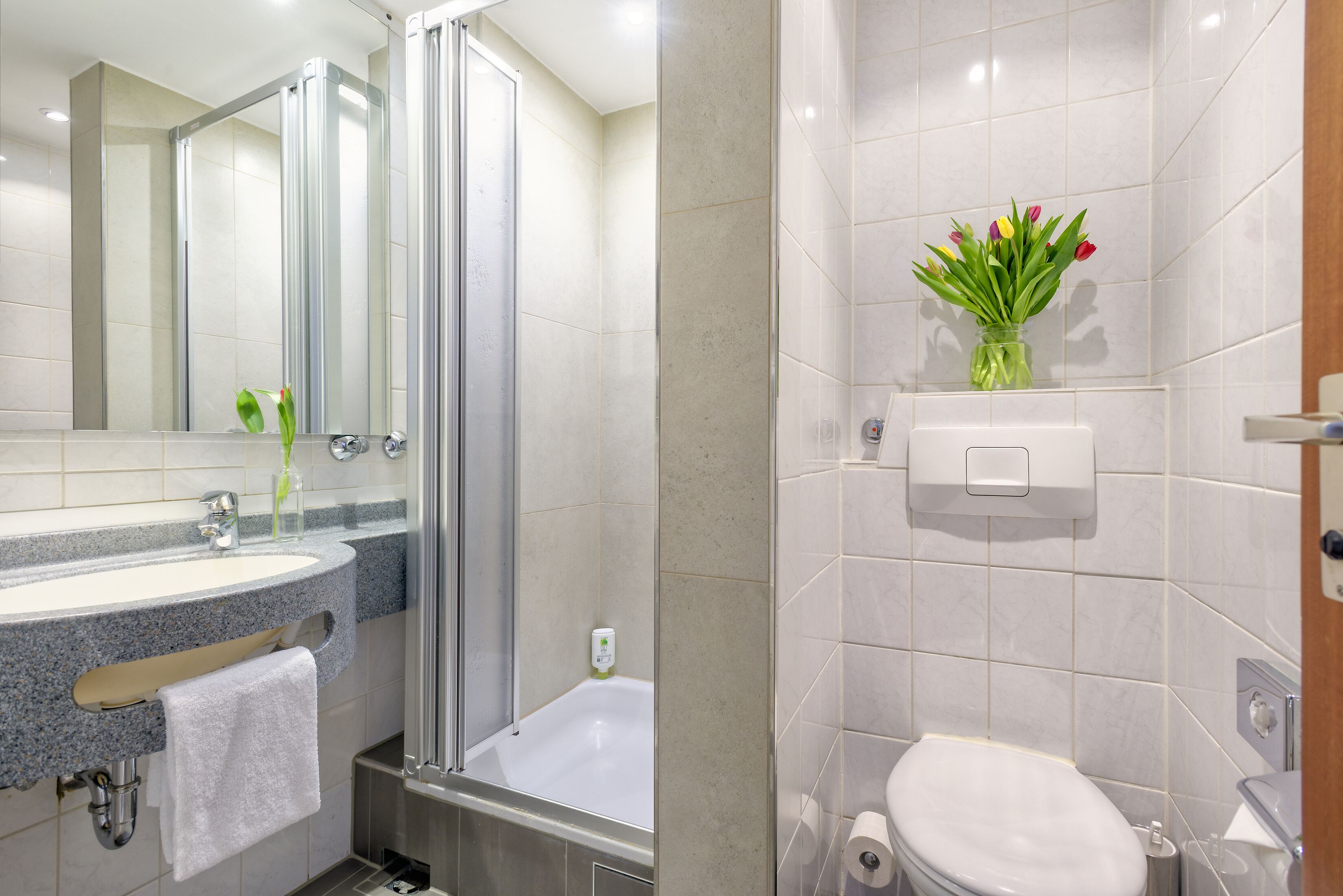 single room | bathroom | hair dryer, towels, soap, shampoo