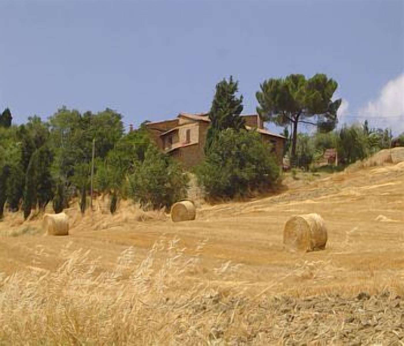 A rural landscape with hay bales, a house, and trees.