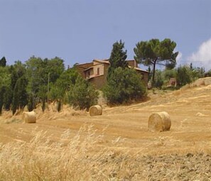 A rural landscape with hay bales, a house, and trees. - Agriturismo Il Colombaiolo (Pienza)