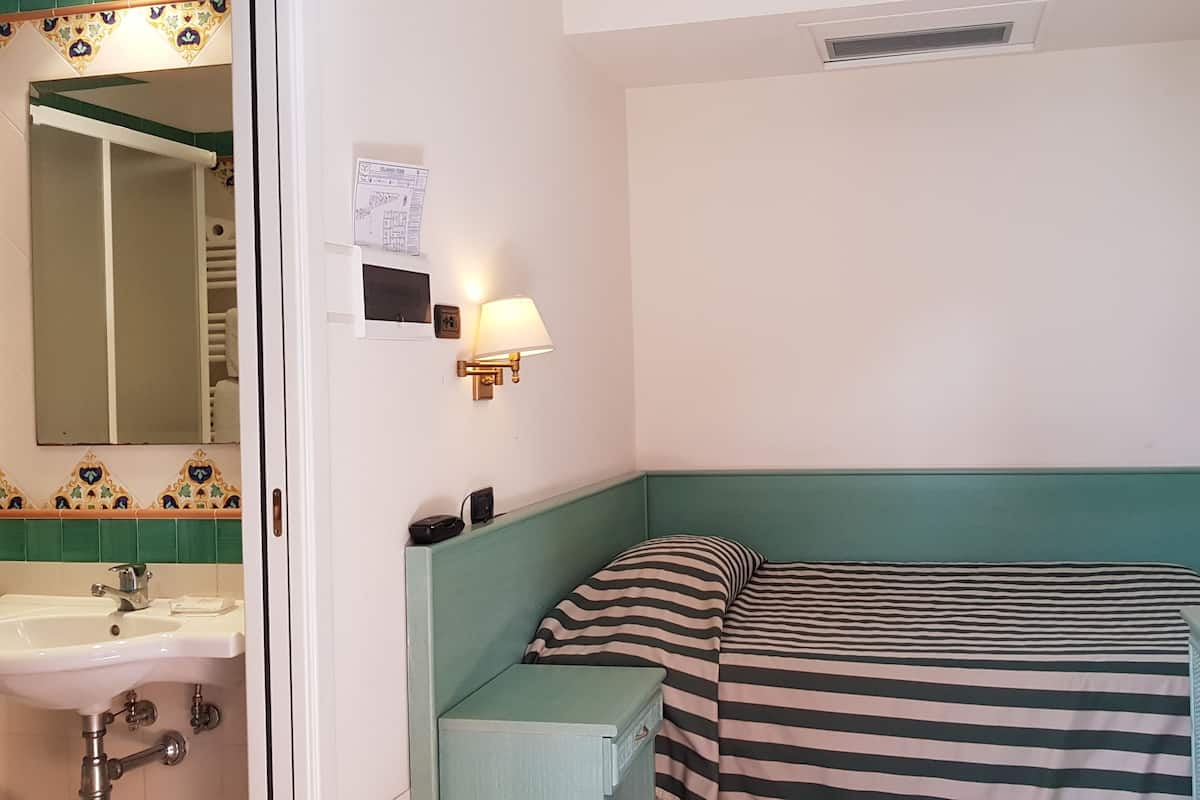 A room with a bed, a television, a sink, and a mirror.