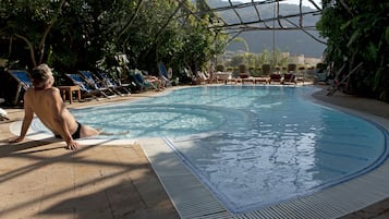 Seasonal outdoor pool, pool umbrellas, pool loungers