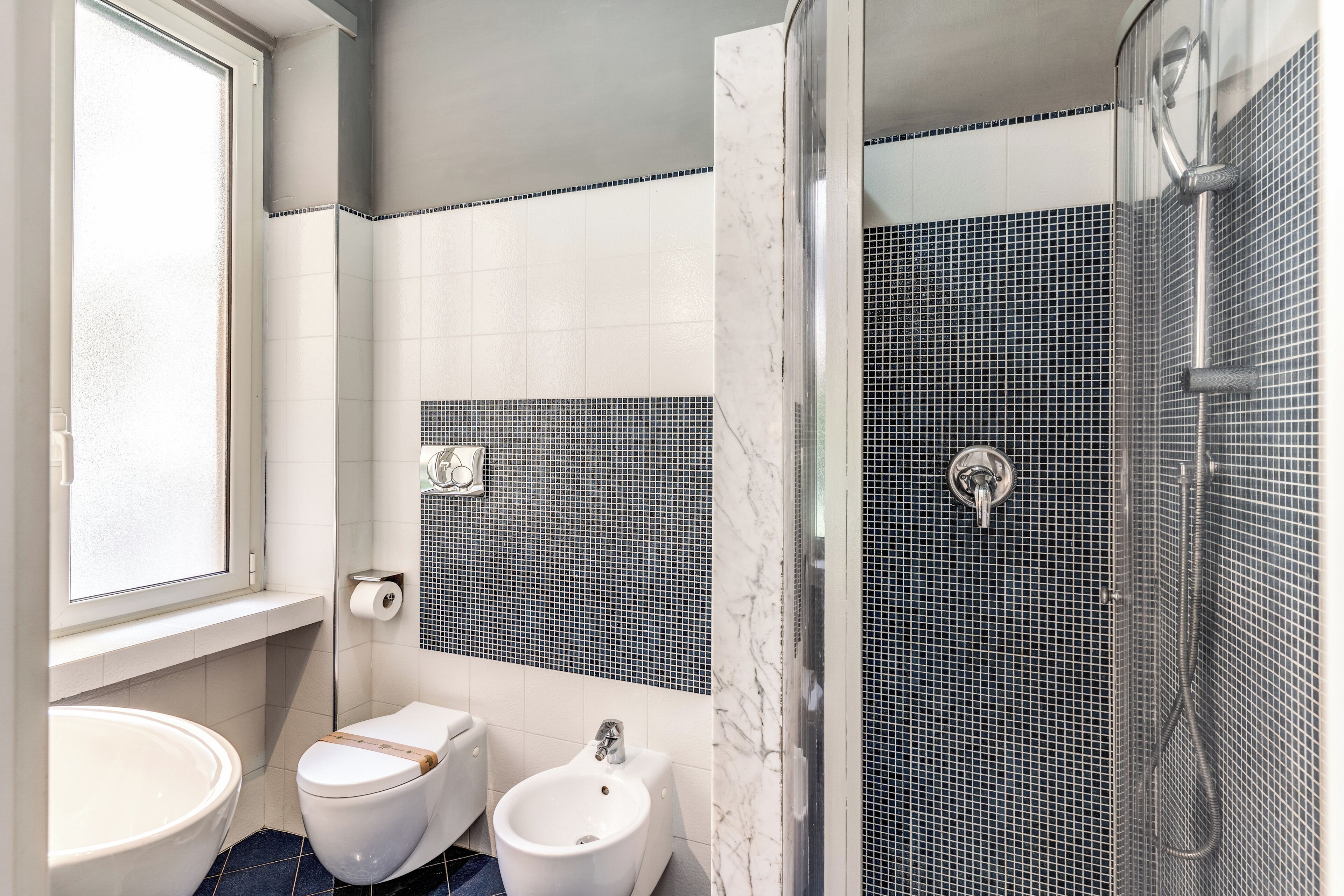 A bathroom with a toilet, bidet, and a shower area.