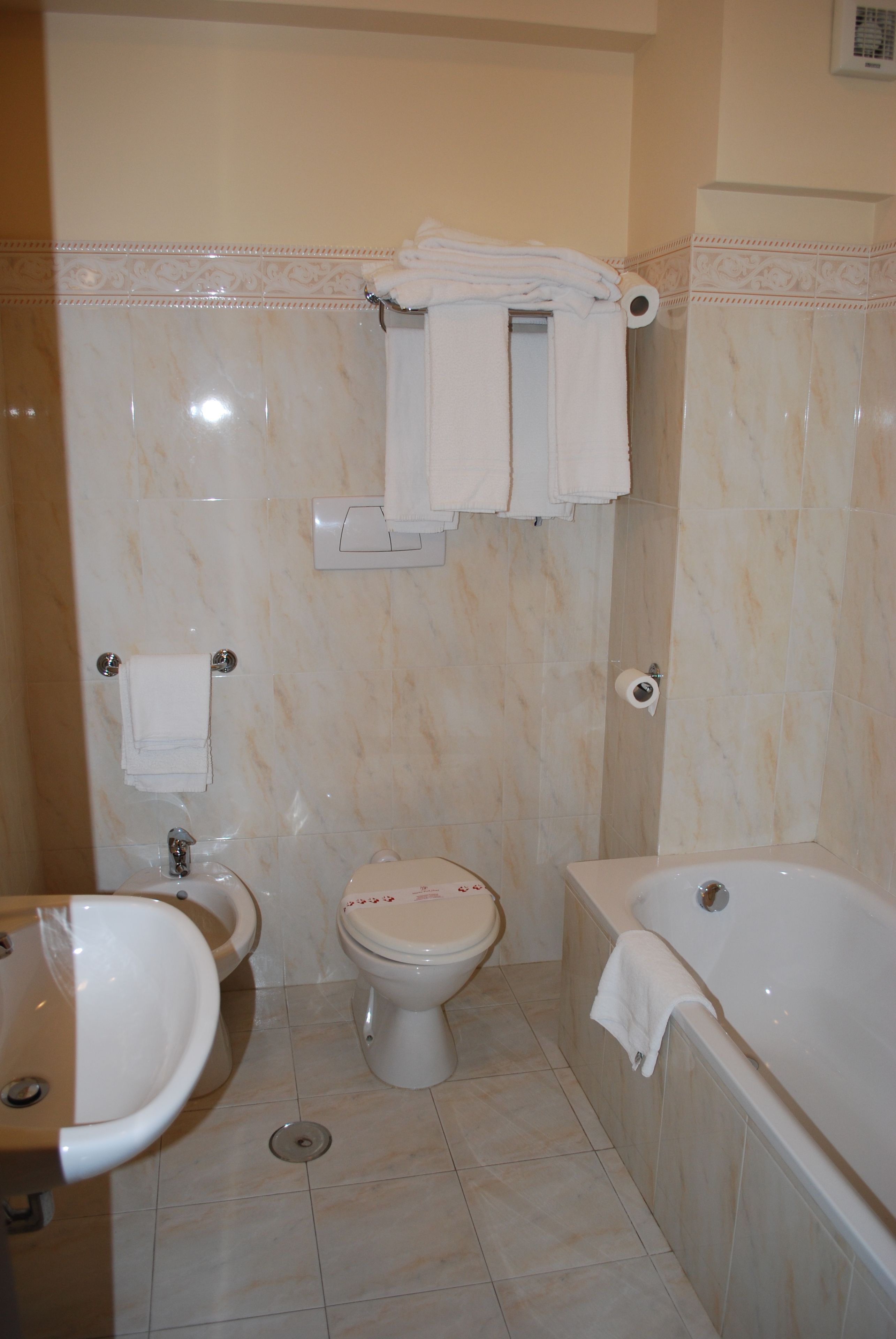 free toiletries, hair dryer, bidet, towels