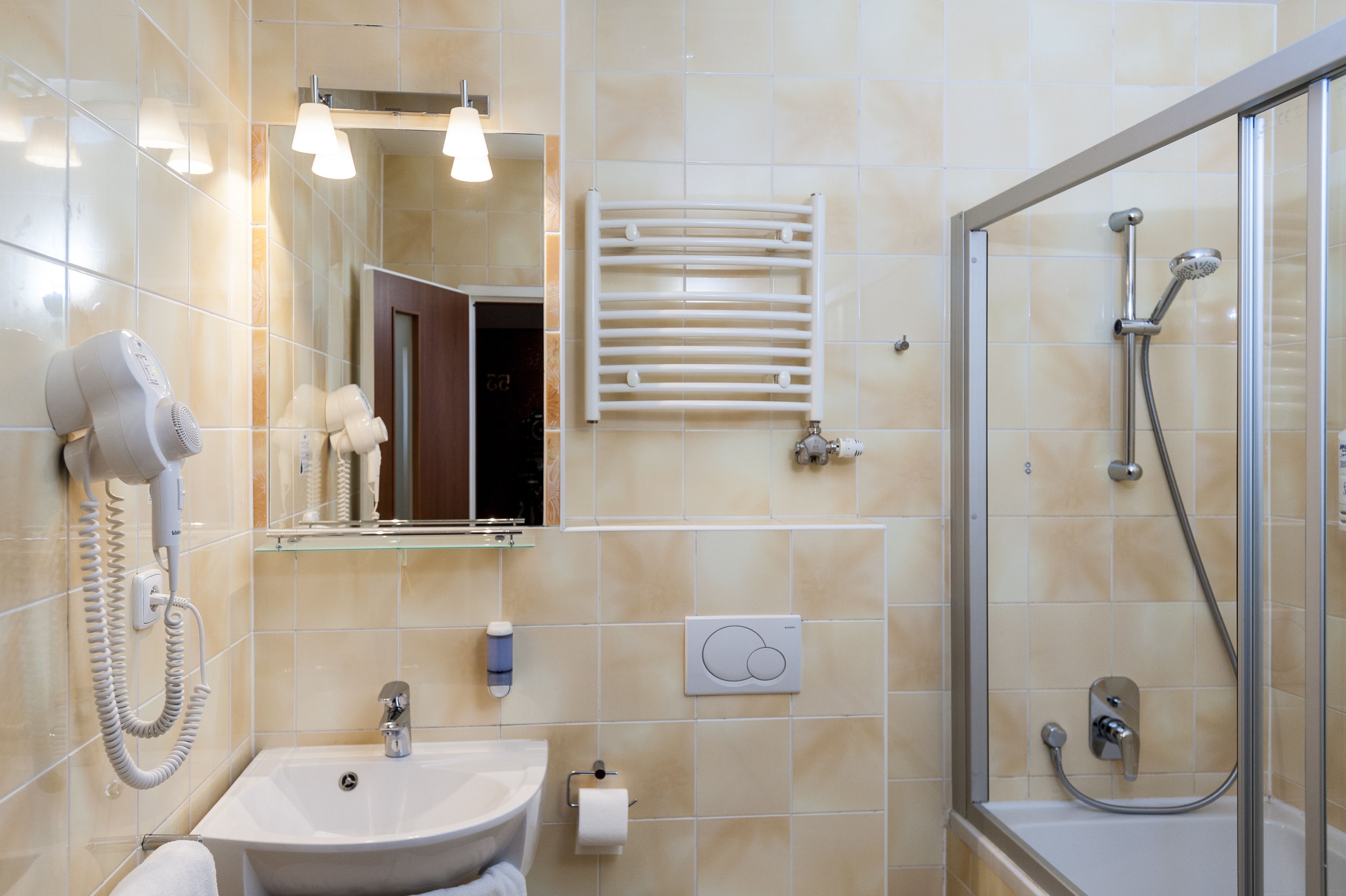 standard double room | bathroom | shower, free toiletries, hair dryer, towels