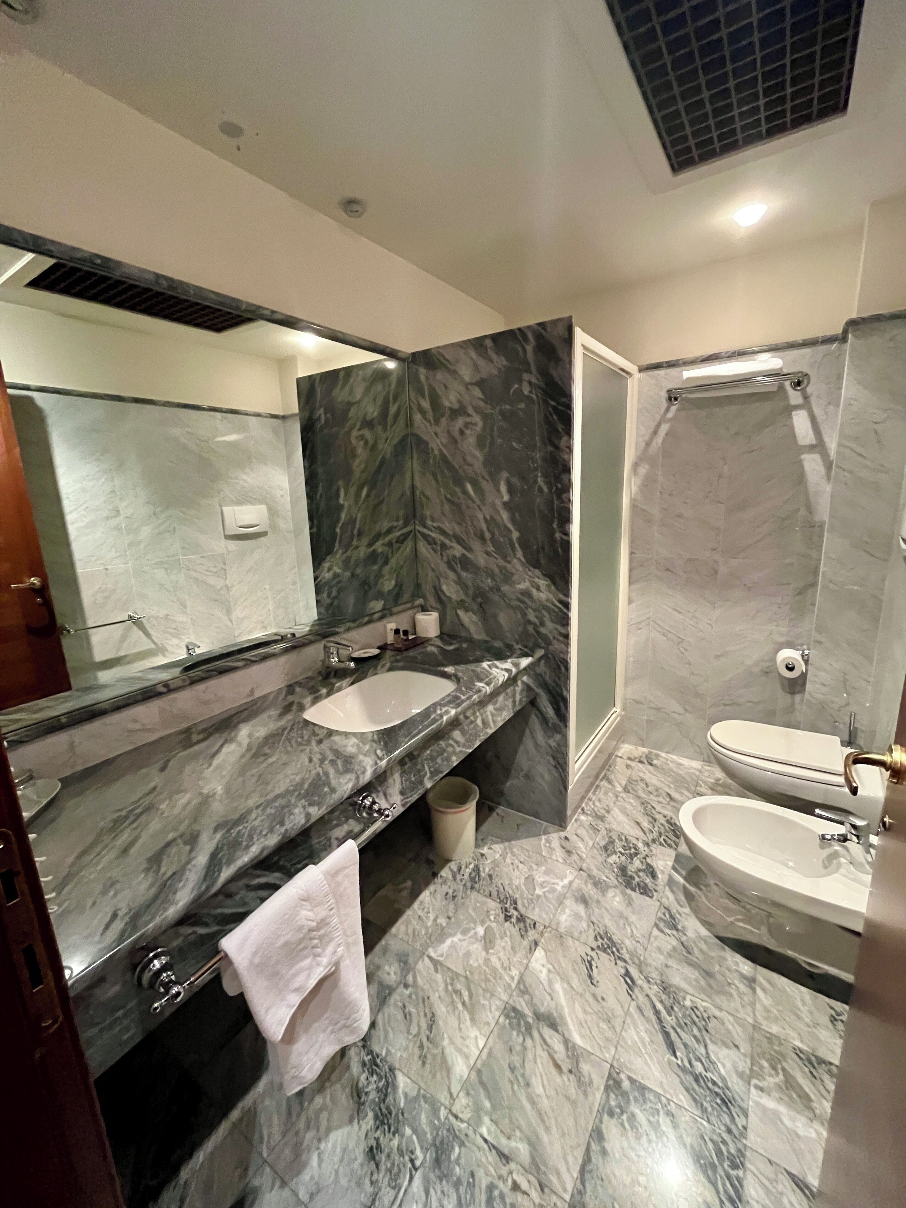 Un bagno con lavabo in marmo, uno specchio, una doccia e un water.