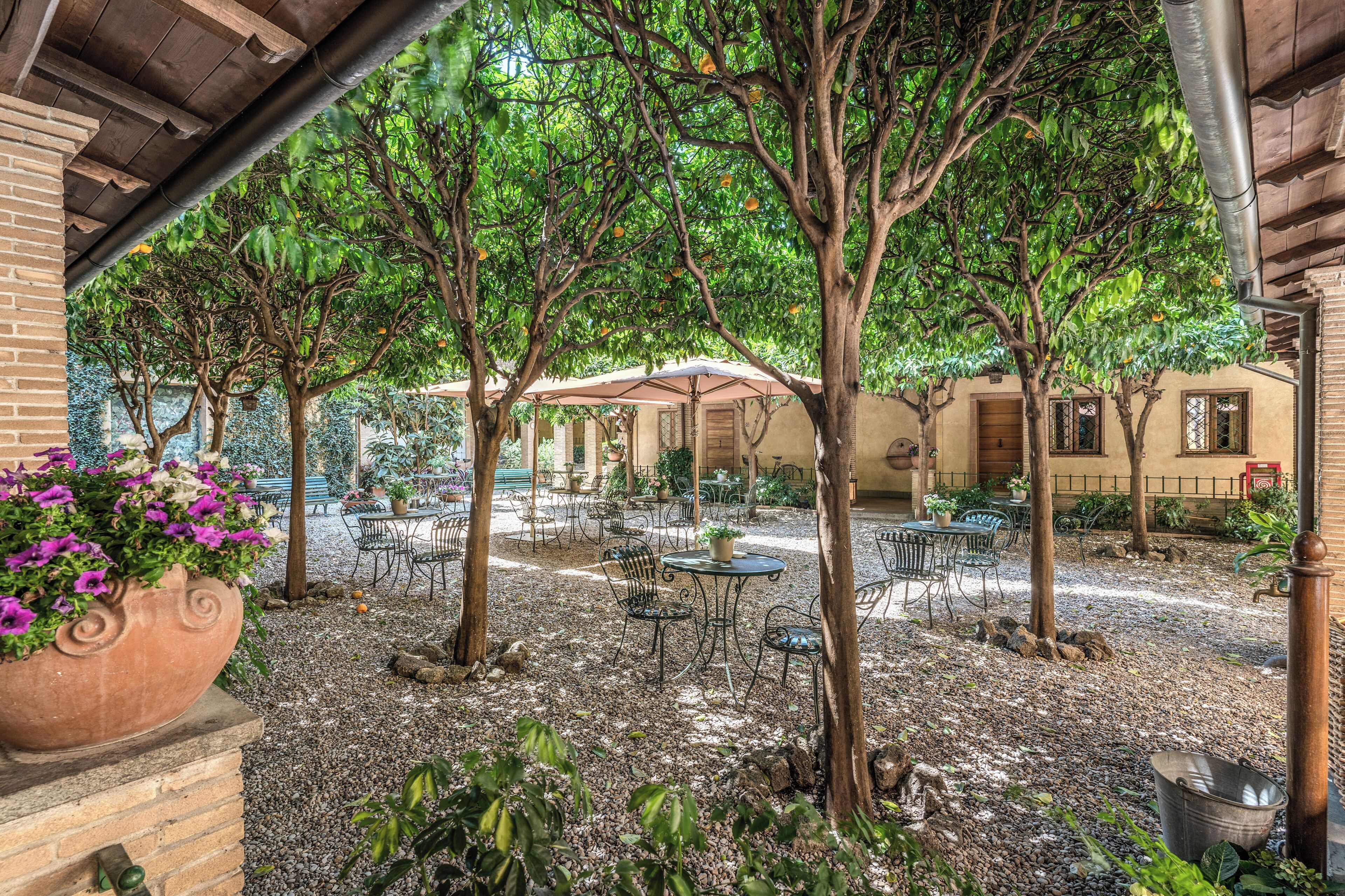 An outdoor patio area with tables and chairs, surrounded by trees and potted plants.