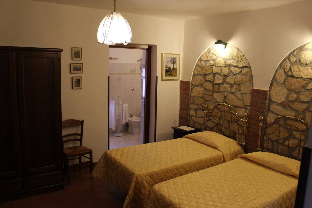 A bedroom with two beds, a wooden wardrobe, a chair, and a stone wall.