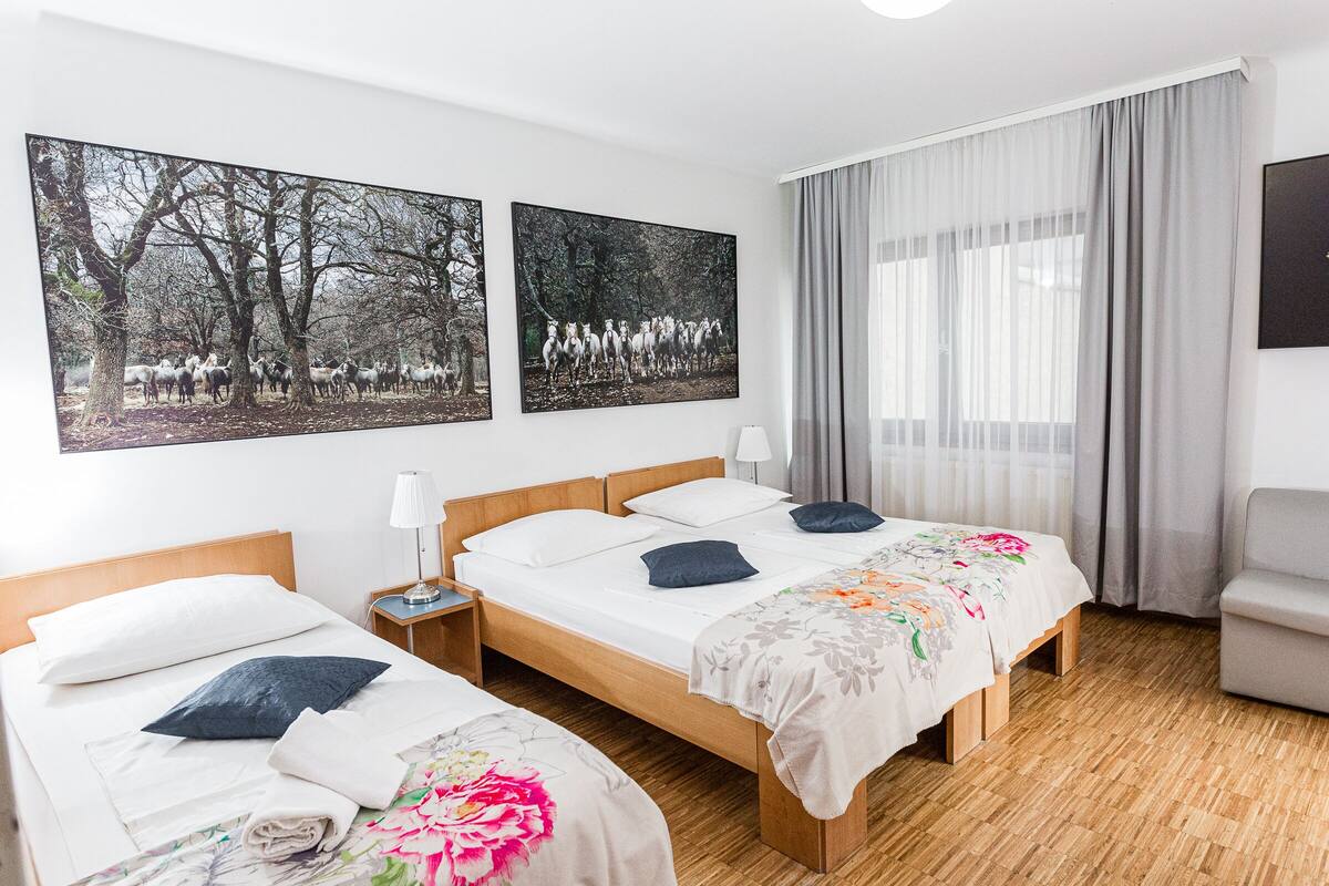 Una camera d'albergo con due letti, una testiera in legno, un comodino, una lampada, una sedia e un'ampia finestra con tende leggere.