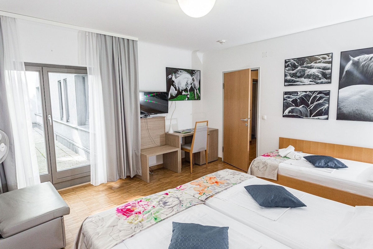 Una camera d'albergo con un letto, una scrivania, una sedia, una televisione e una porta che dà su un balcone.