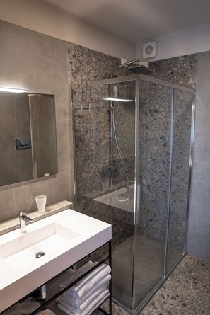 Estudio básico, Terraza, vista al lago | Baño | Regadera, secadora de cabello, toallas, jabón 