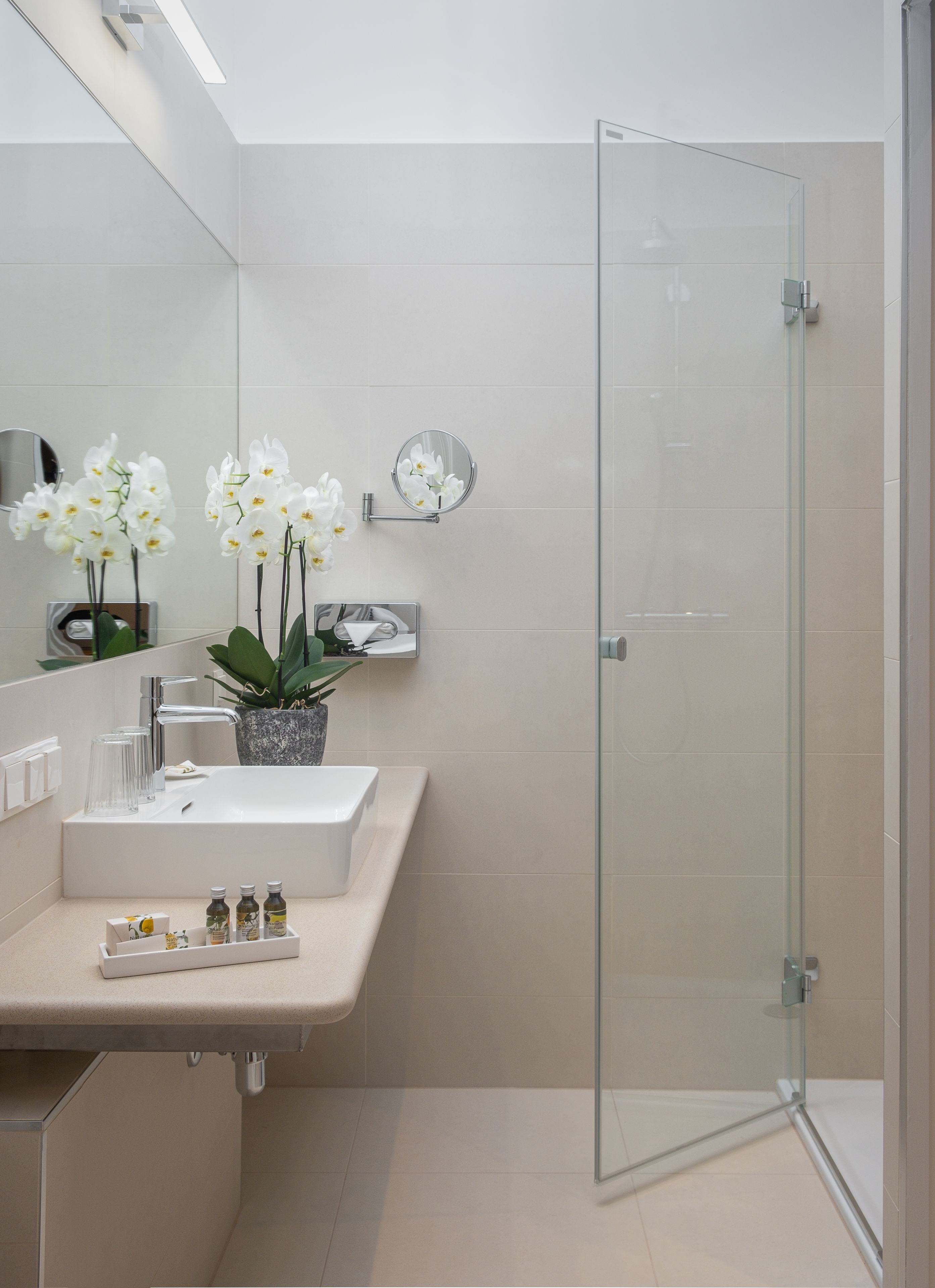 Une salle de bain moderne avec une douche à parois de verre, un lavabo blanc, un miroir et une orchidée en pot.